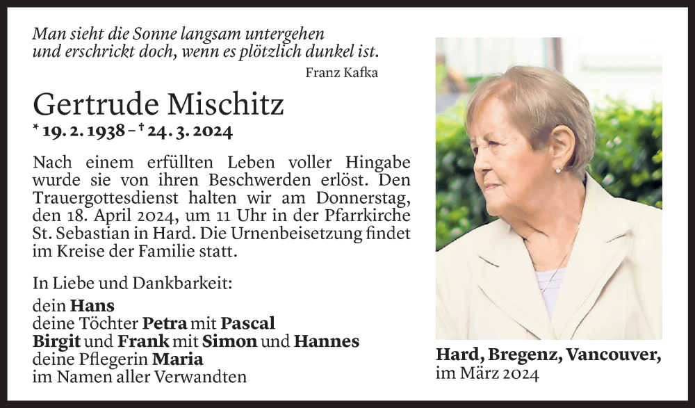  Todesanzeige für Gertrude Mischitz vom 12.04.2024 aus Vorarlberger Nachrichten