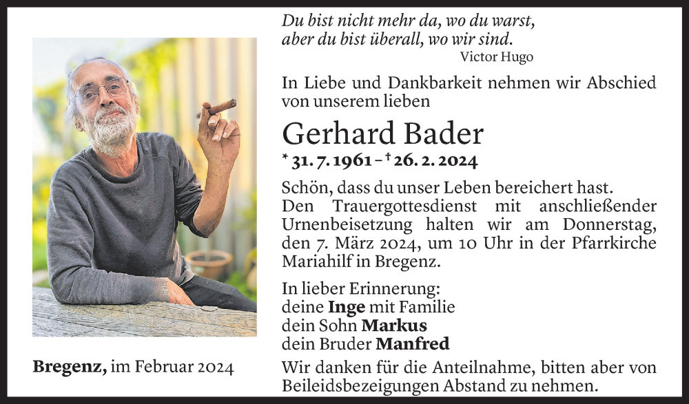  Todesanzeige für Gerhard Bader vom 02.03.2024 aus Vorarlberger Nachrichten