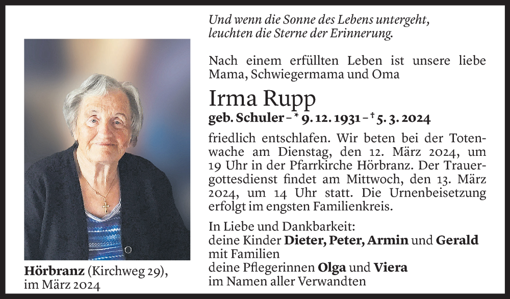  Todesanzeige für Irma Rupp vom 08.03.2024 aus Vorarlberger Nachrichten