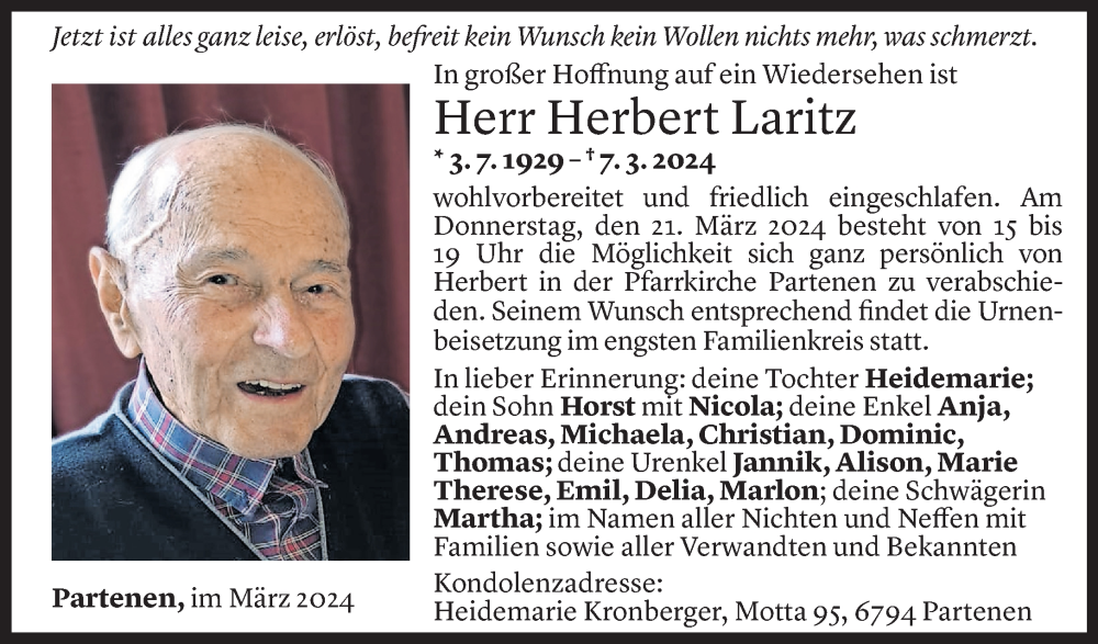  Todesanzeige für Herbert Laritz vom 12.03.2024 aus Vorarlberger Nachrichten