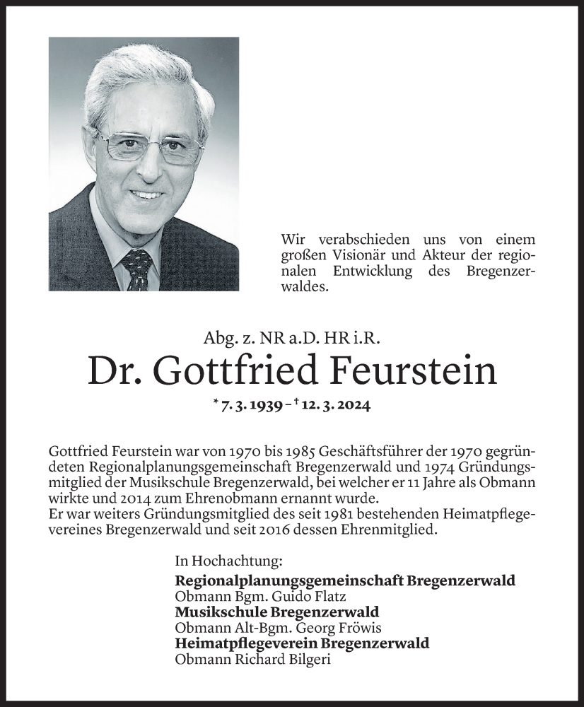  Todesanzeige für Gottfried Feurstein vom 14.03.2024 aus Vorarlberger Nachrichten