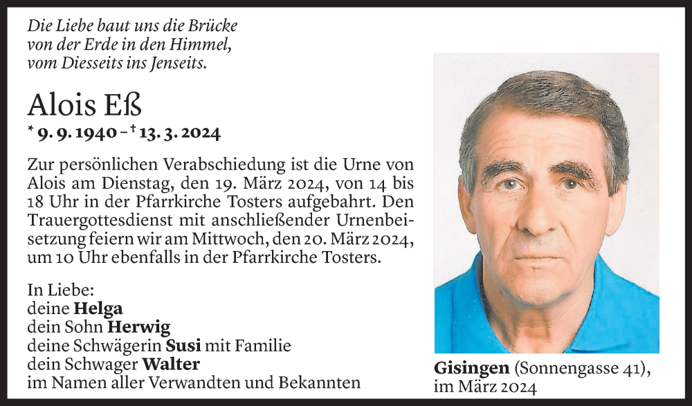  Todesanzeige für Alois Eß vom 16.03.2024 aus Vorarlberger Nachrichten