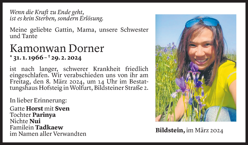 Todesanzeige für Kamonwan Dorner vom 05.03.2024 aus Vorarlberger Nachrichten