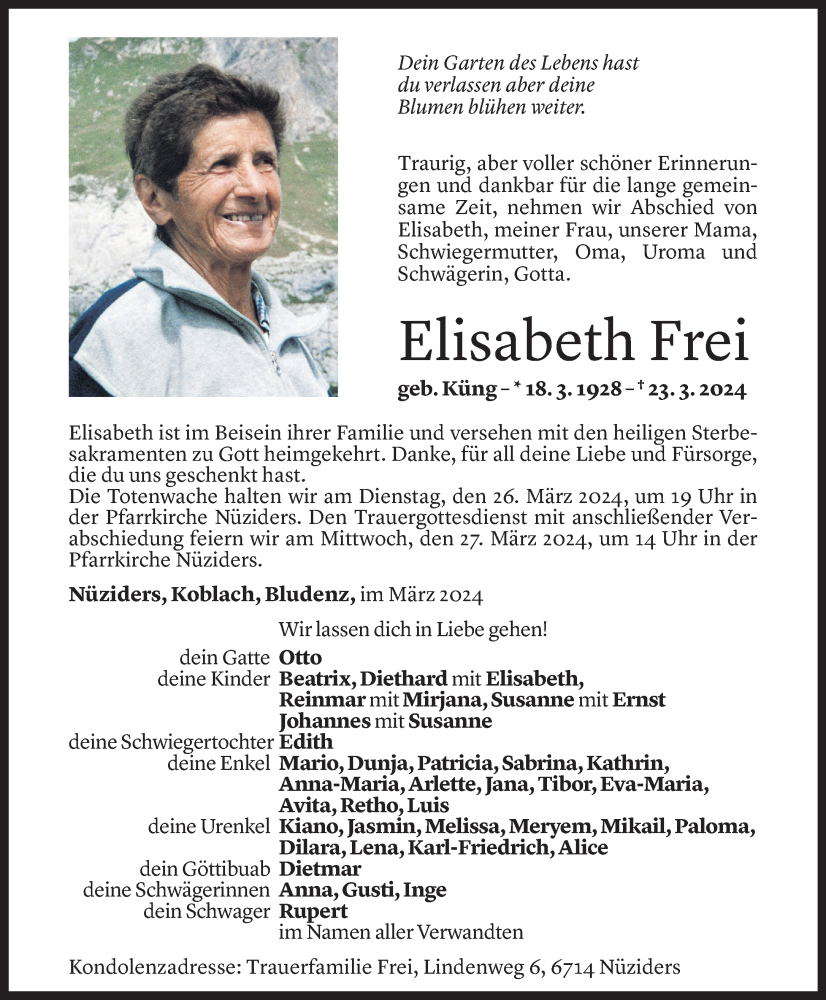  Todesanzeige für Elisabeth Frei vom 26.03.2024 aus Vorarlberger Nachrichten