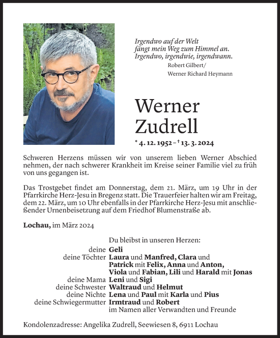 Todesanzeige von Werner Zudrell von Vorarlberger Nachrichten