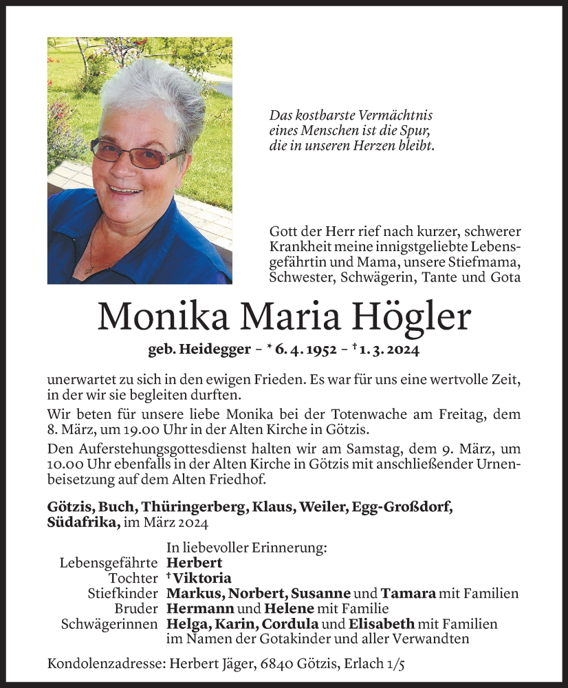  Todesanzeige für Monika Maria Högler vom 06.03.2024 aus Vorarlberger Nachrichten