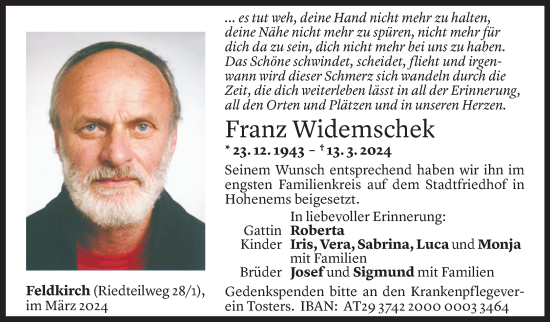 Todesanzeige von Franz Widemschek von Vorarlberger Nachrichten