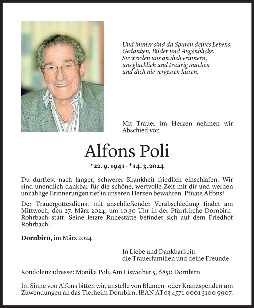  Todesanzeige für Alfons Poli vom 22.03.2024 aus Vorarlberger Nachrichten