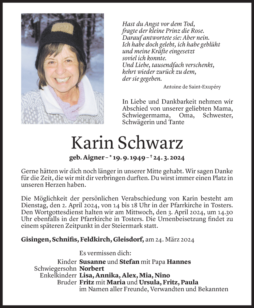  Todesanzeige für Karin Schwarz vom 30.03.2024 aus Vorarlberger Nachrichten