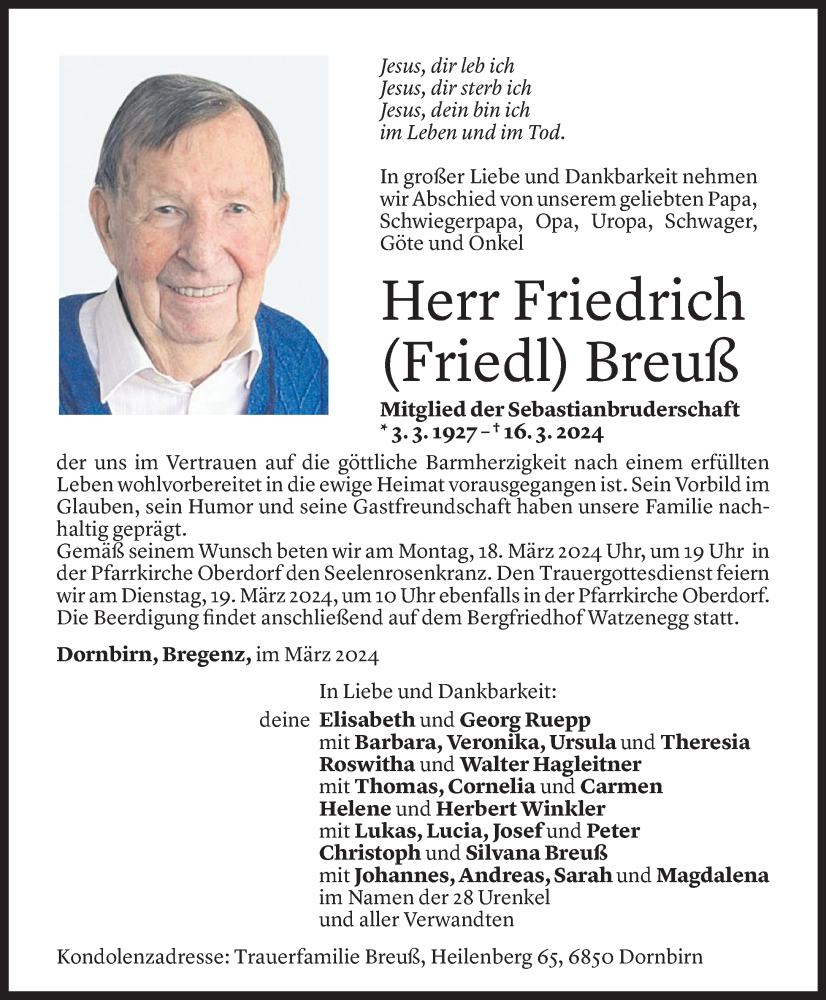  Todesanzeige für Friedrich Breuß vom 17.03.2024 aus Vorarlberger Nachrichten