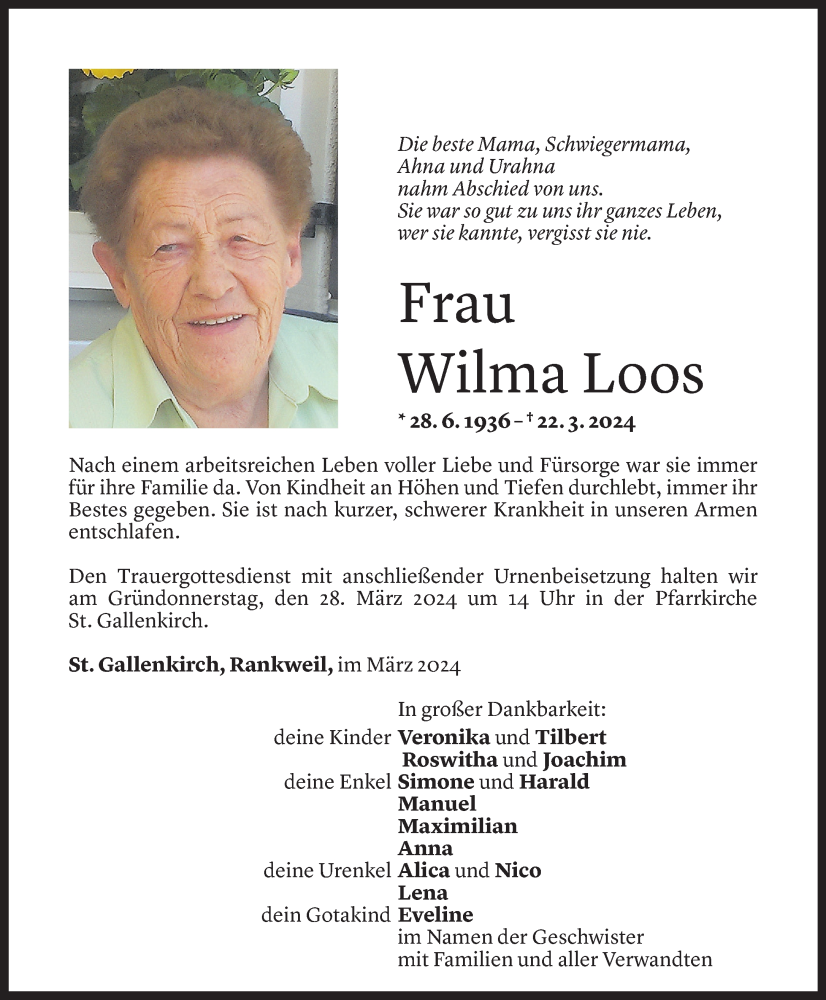  Todesanzeige für Wilma Loos vom 26.03.2024 aus Vorarlberger Nachrichten