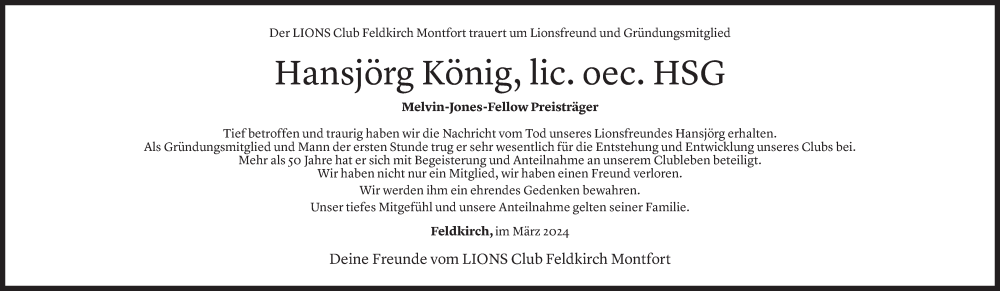  Todesanzeige für Hansjörg König vom 29.03.2024 aus Vorarlberger Nachrichten