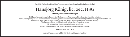 Todesanzeige von Hansjörg König von Vorarlberger Nachrichten