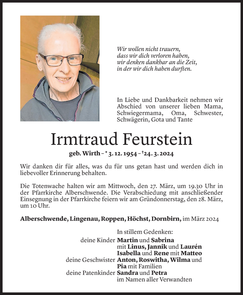  Todesanzeige für Irmtraud Feurstein vom 26.03.2024 aus Vorarlberger Nachrichten