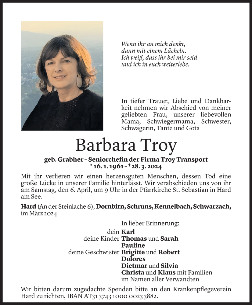  Todesanzeige für Barbara Troy vom 29.03.2024 aus Vorarlberger Nachrichten