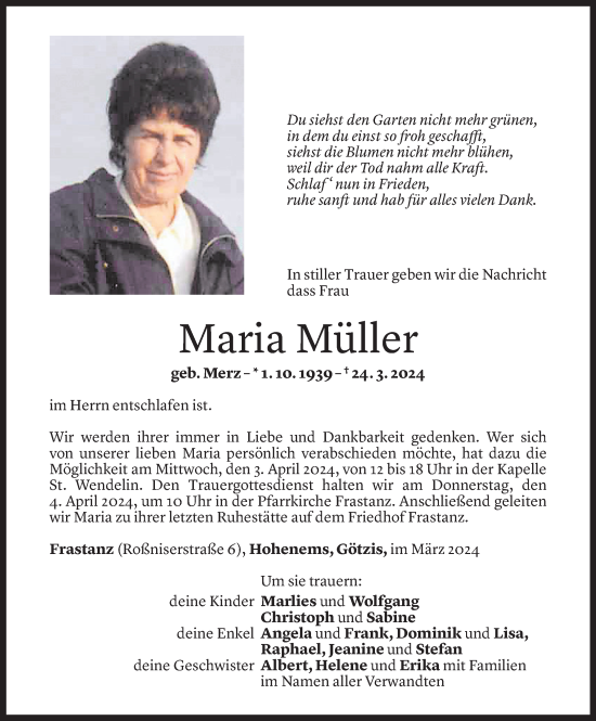 Todesanzeige von Maria Müller von Vorarlberger Nachrichten