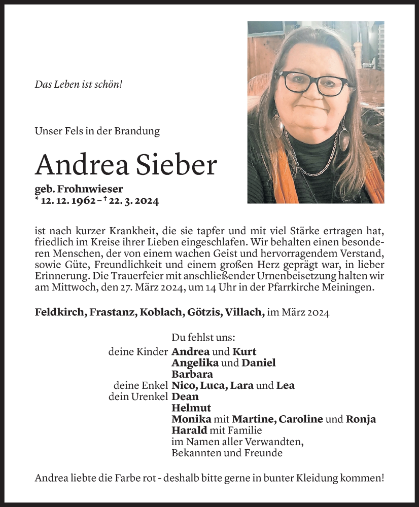  Todesanzeige für Andrea Sieber vom 25.03.2024 aus Vorarlberger Nachrichten