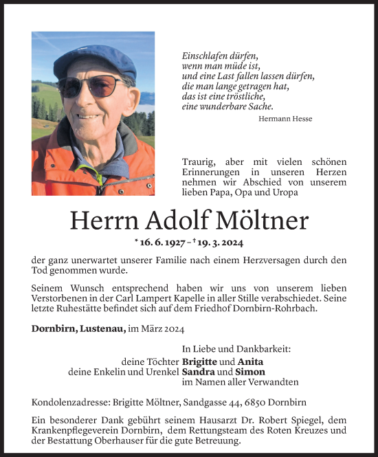 Todesanzeige von Adolf Möltner von Vorarlberger Nachrichten