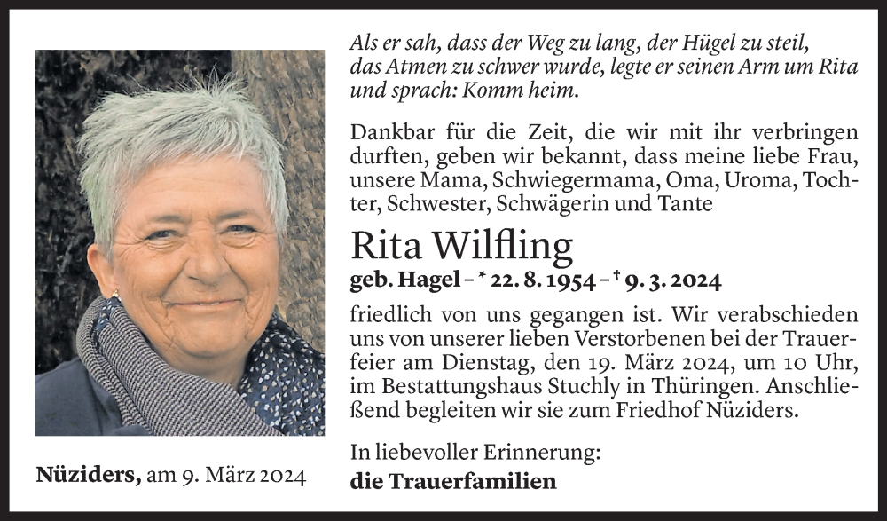  Todesanzeige für Rita Wilfling vom 16.03.2024 aus Vorarlberger Nachrichten