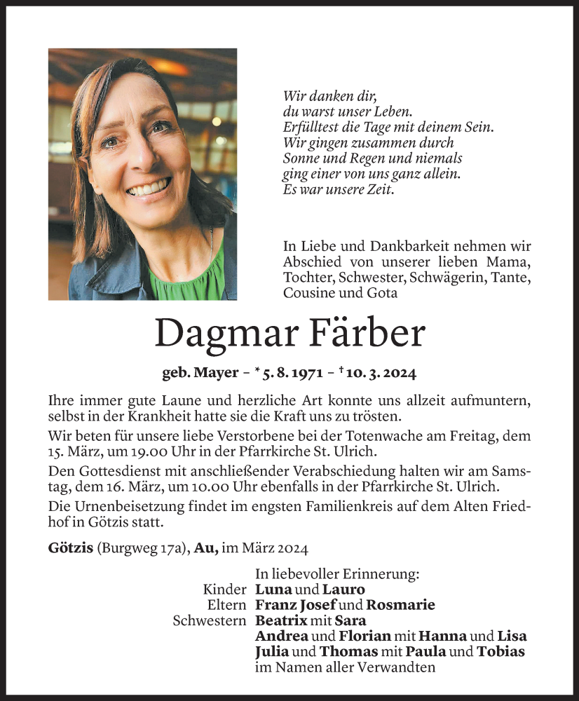  Todesanzeige für Dagmar Färber vom 13.03.2024 aus Vorarlberger Nachrichten