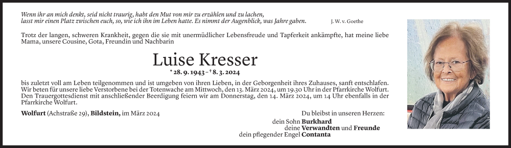 Todesanzeige für Luise Kresser vom 10.03.2024 aus Vorarlberger Nachrichten