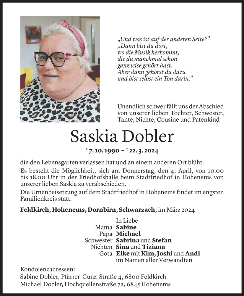  Todesanzeige für Saskia Dobler vom 29.03.2024 aus Vorarlberger Nachrichten