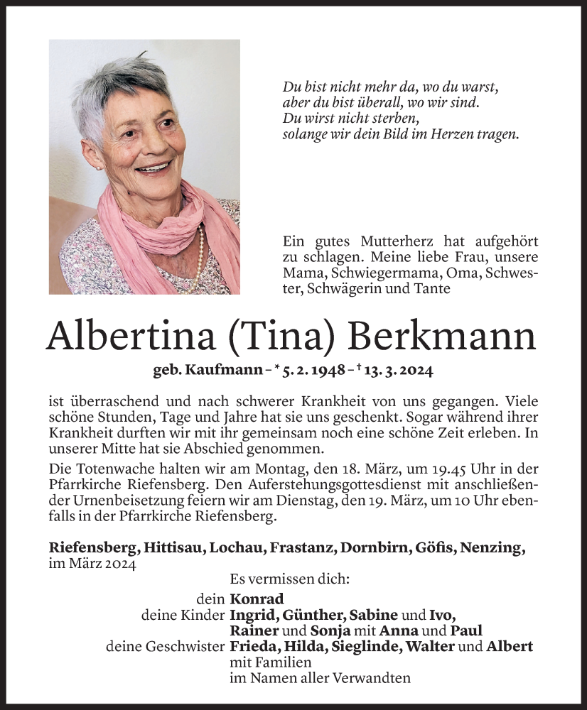  Todesanzeige für Albertina Berkmann vom 15.03.2024 aus Vorarlberger Nachrichten