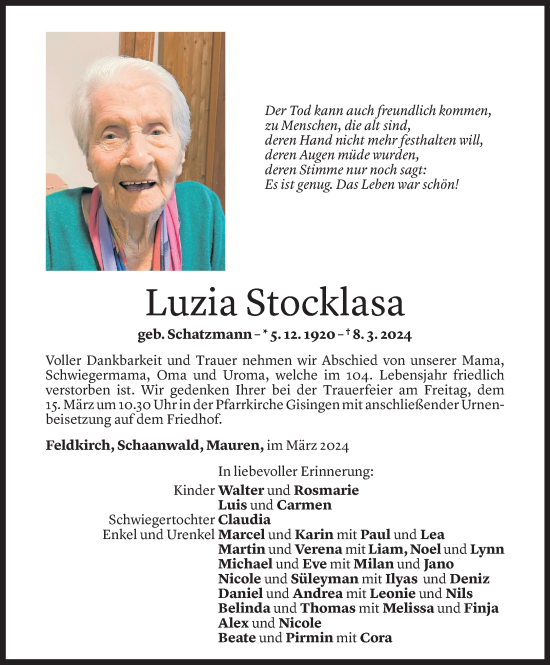Todesanzeige von Luzia Stocklasa von Vorarlberger Nachrichten