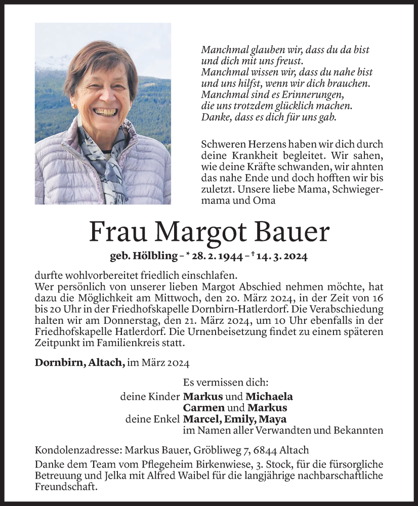  Todesanzeige für Margot Bauer vom 15.03.2024 aus Vorarlberger Nachrichten
