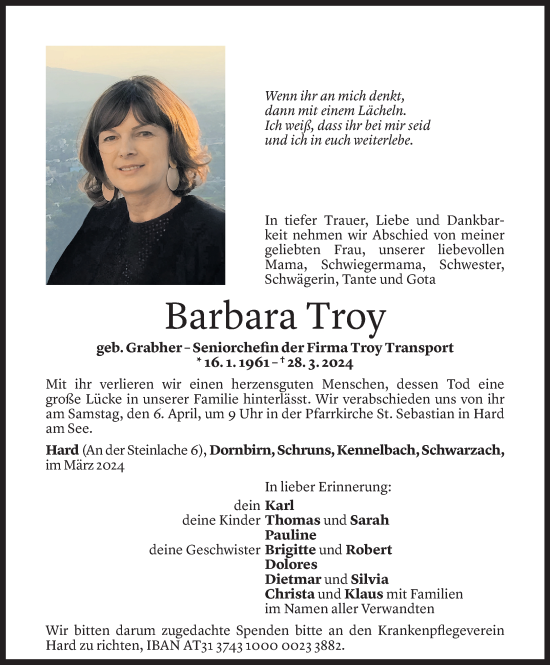 Todesanzeige von Barbara Troy von Vorarlberger Nachrichten