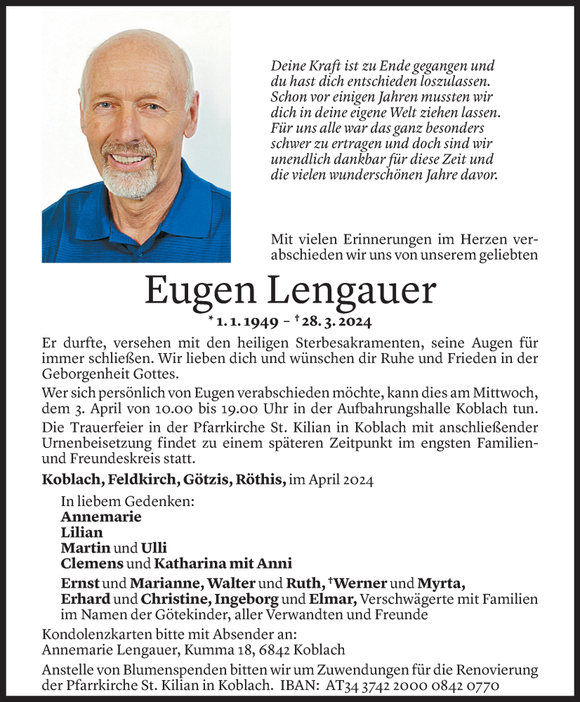  Todesanzeige für Eugen Lengauer vom 01.04.2024 aus Vorarlberger Nachrichten