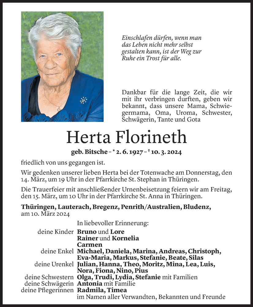  Todesanzeige für Herta Florineth vom 13.03.2024 aus Vorarlberger Nachrichten