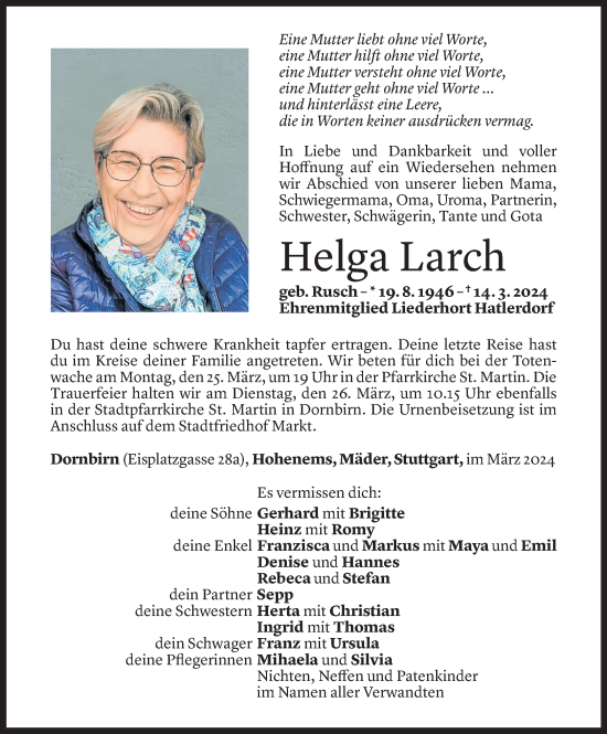 Todesanzeige von Helga Larch von Vorarlberger Nachrichten