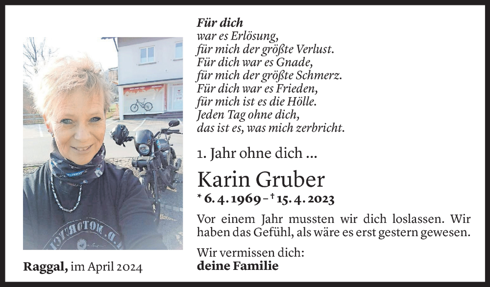  Todesanzeige für Karin Gruber vom 14.04.2024 aus Vorarlberger Nachrichten