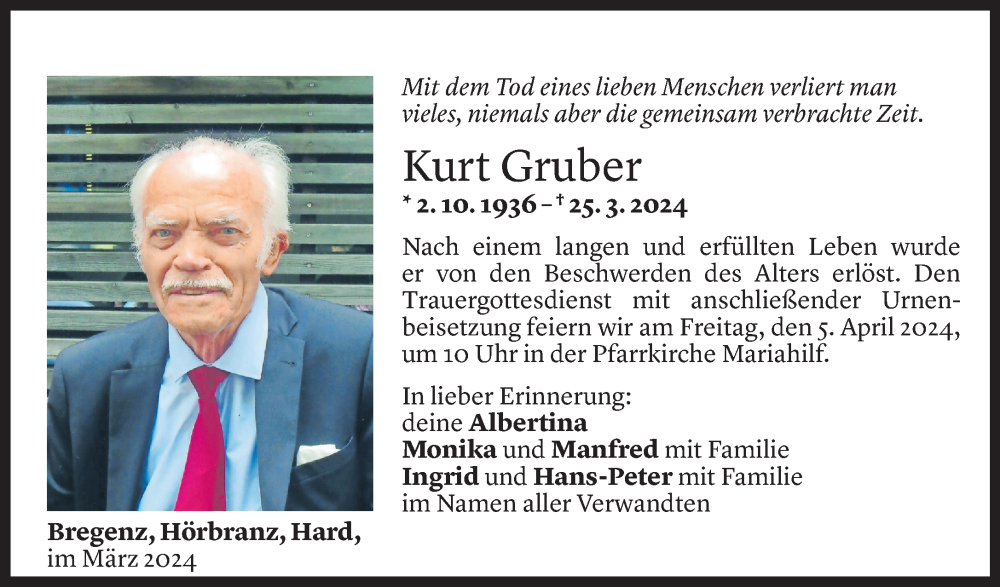 Todesanzeige für Kurt Gruber vom 02.04.2024 aus Vorarlberger Nachrichten