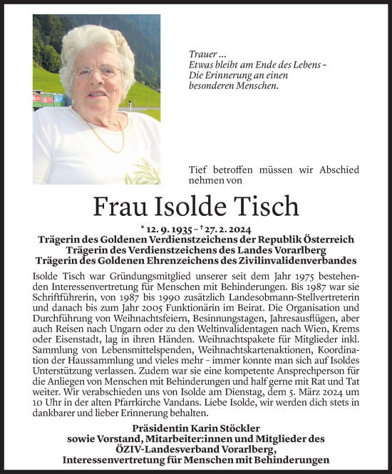 Todesanzeige von Isolde Tisch von Vorarlberger Nachrichten