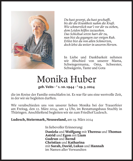 Todesanzeige von Monika Huber von Vorarlberger Nachrichten