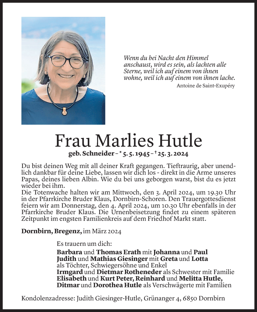  Todesanzeige für Marlies Hutle vom 29.03.2024 aus Vorarlberger Nachrichten