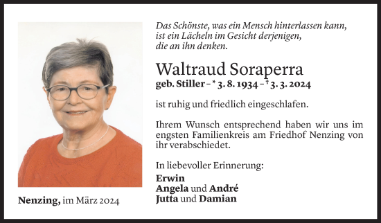 Todesanzeige von Waltraud Soraperra von Vorarlberger Nachrichten