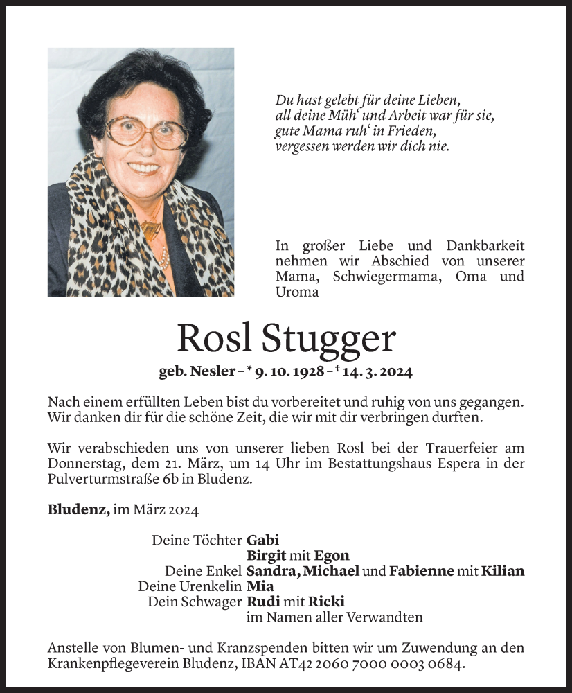  Todesanzeige für Rosl Stugger vom 17.03.2024 aus Vorarlberger Nachrichten