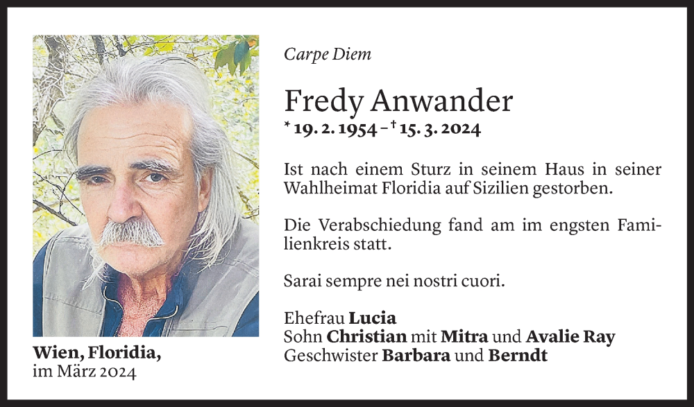  Todesanzeige für Fredy Anwander vom 26.03.2024 aus Vorarlberger Nachrichten