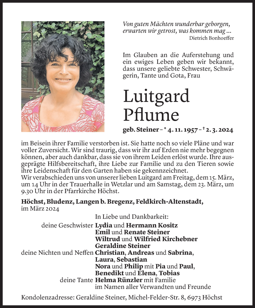  Todesanzeige für Luitgard Pflume vom 14.03.2024 aus Vorarlberger Nachrichten