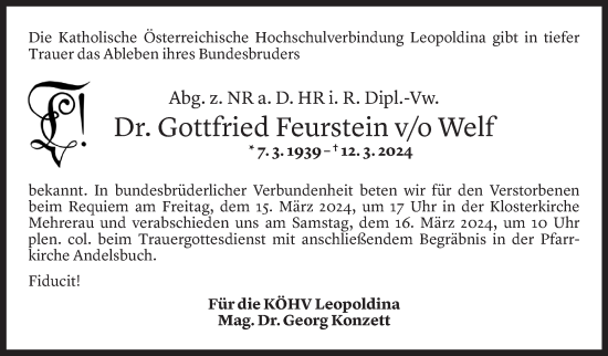 Todesanzeige von Gottfried Feurstein von Vorarlberger Nachrichten