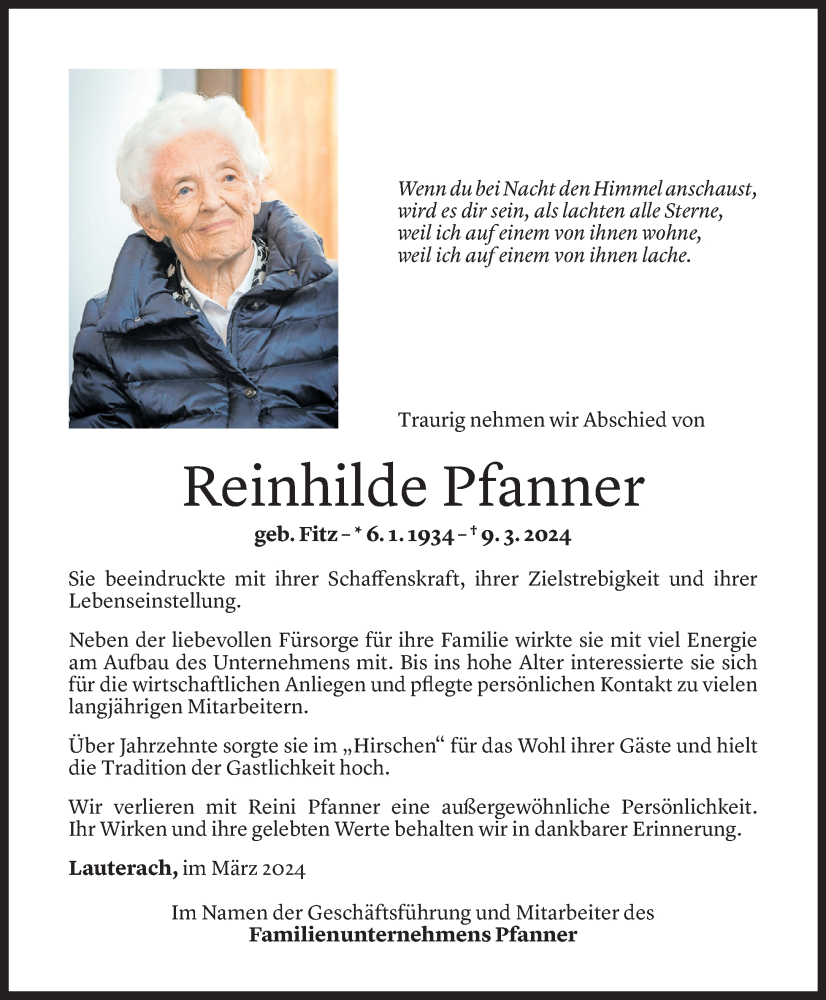  Todesanzeige für Reinhilde Pfanner vom 19.03.2024 aus Vorarlberger Nachrichten