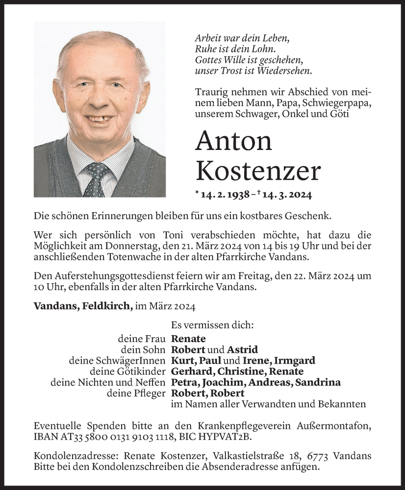  Todesanzeige für Anton Kostenzer vom 19.03.2024 aus Vorarlberger Nachrichten