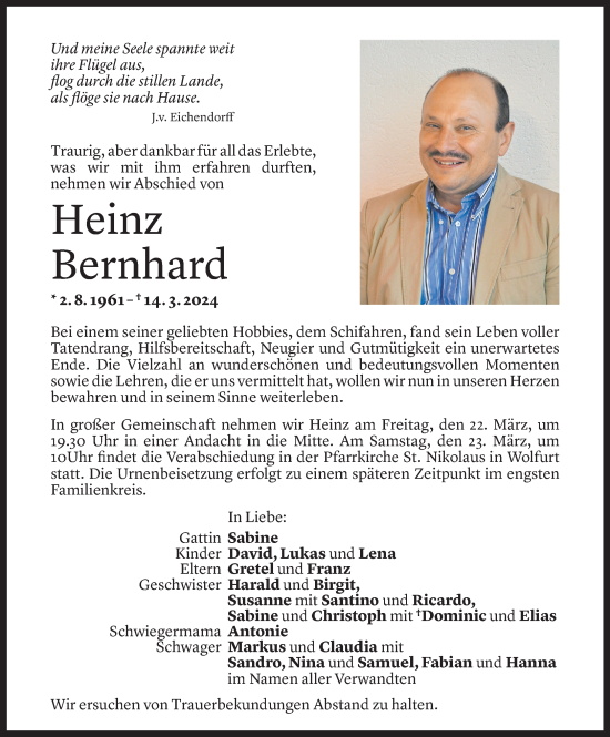 Todesanzeige von Heinz Bernhard von Vorarlberger Nachrichten