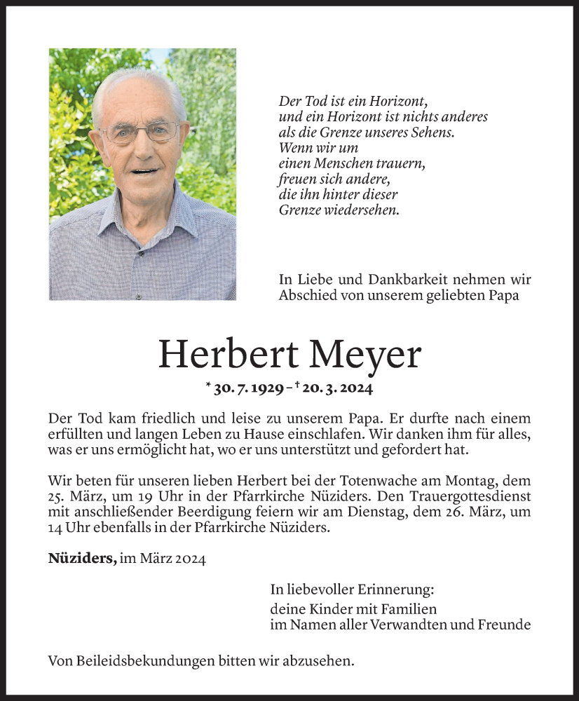  Todesanzeige für Herbert Meyer vom 21.03.2024 aus Vorarlberger Nachrichten