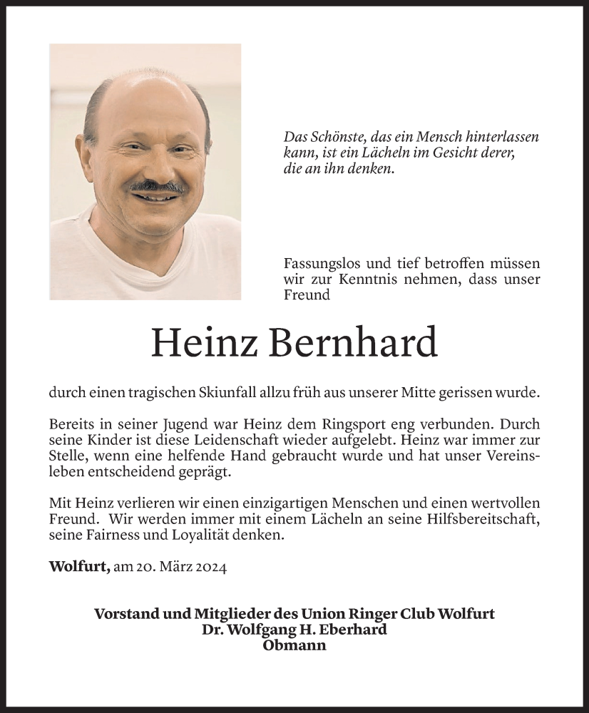  Todesanzeige für Heinz Bernhard vom 20.03.2024 aus Vorarlberger Nachrichten