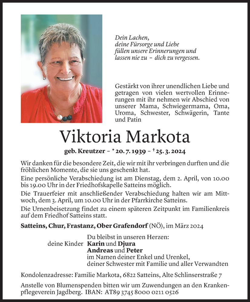  Todesanzeige für Viktoria Markota vom 30.03.2024 aus Vorarlberger Nachrichten