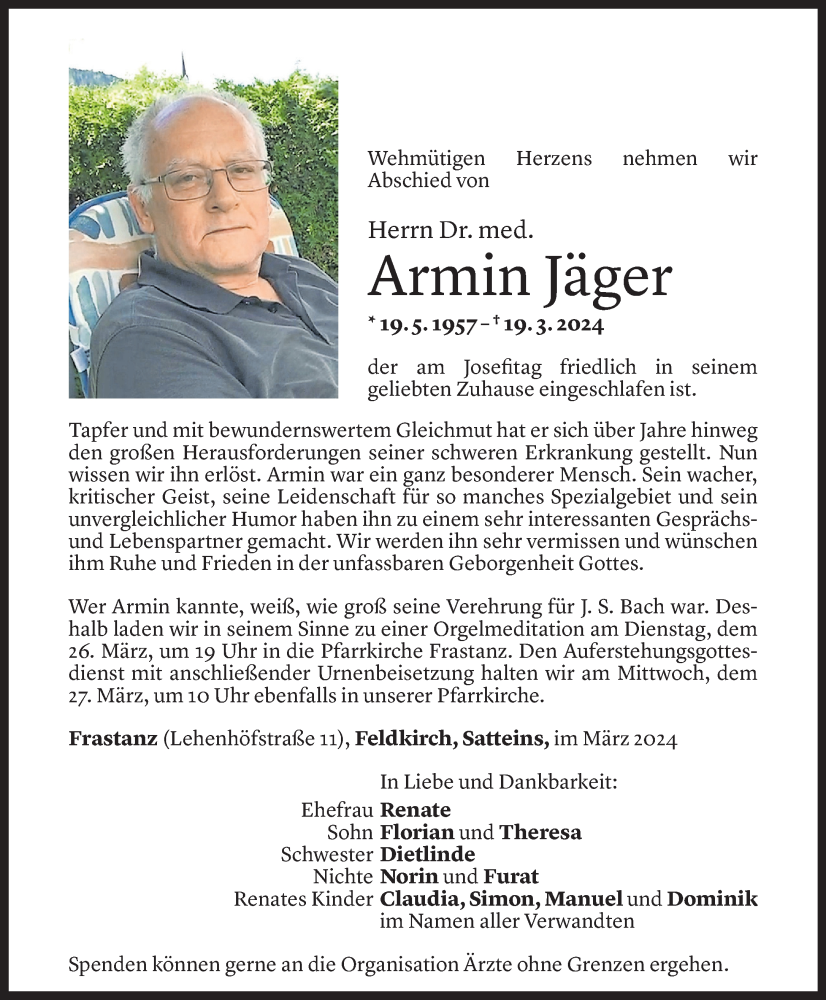  Todesanzeige für Armin Jäger vom 22.03.2024 aus Vorarlberger Nachrichten